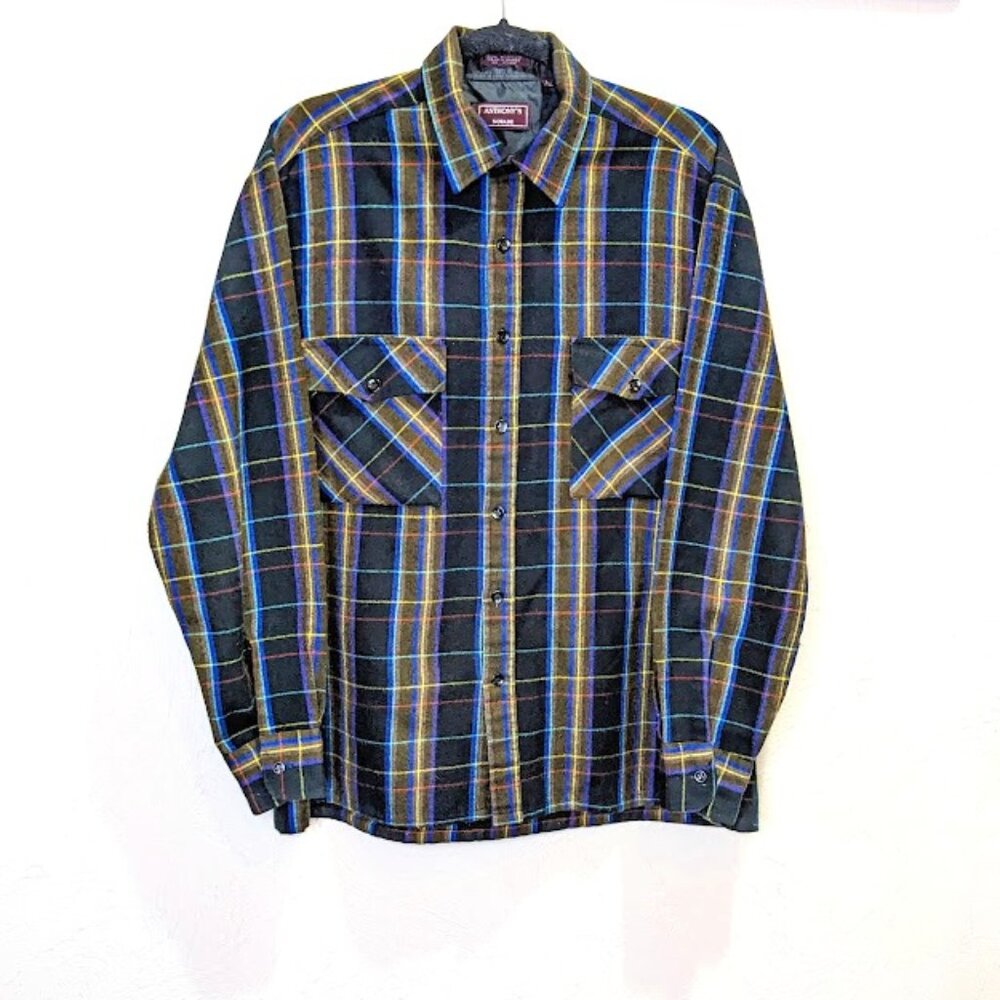 Vintage Mens Plaid Button Up Size L Flannel Colorful Western Long Sleeve Shirt